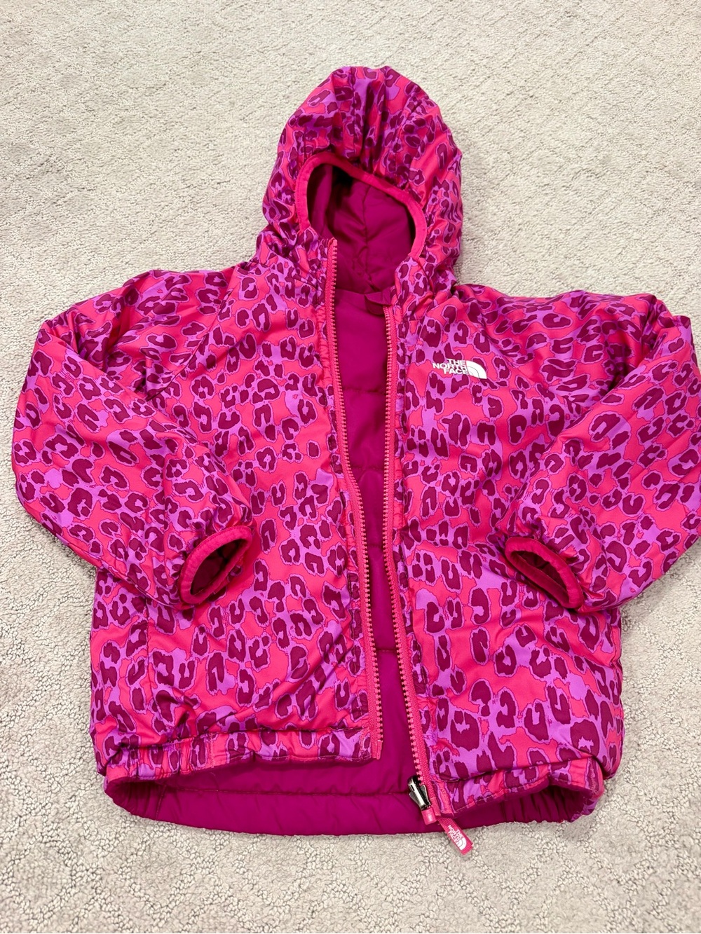 The North Face Girls' Hot Pink Leopard Reversible  Puffer Jacket